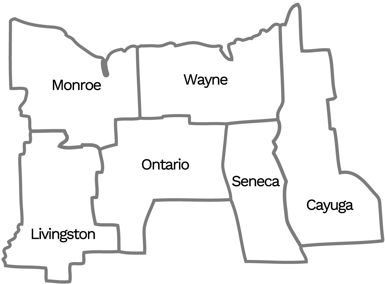 Map of Monroe, Wayne, Livingston, Ontario, Seneca, Cayuga Counties in New York